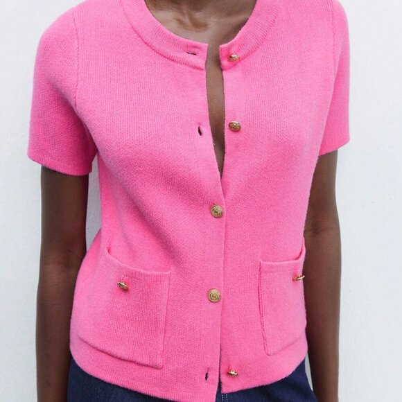 Hot Pink Casual Women's Knitted Elegant button down Cardigan - Picture 6 of 7